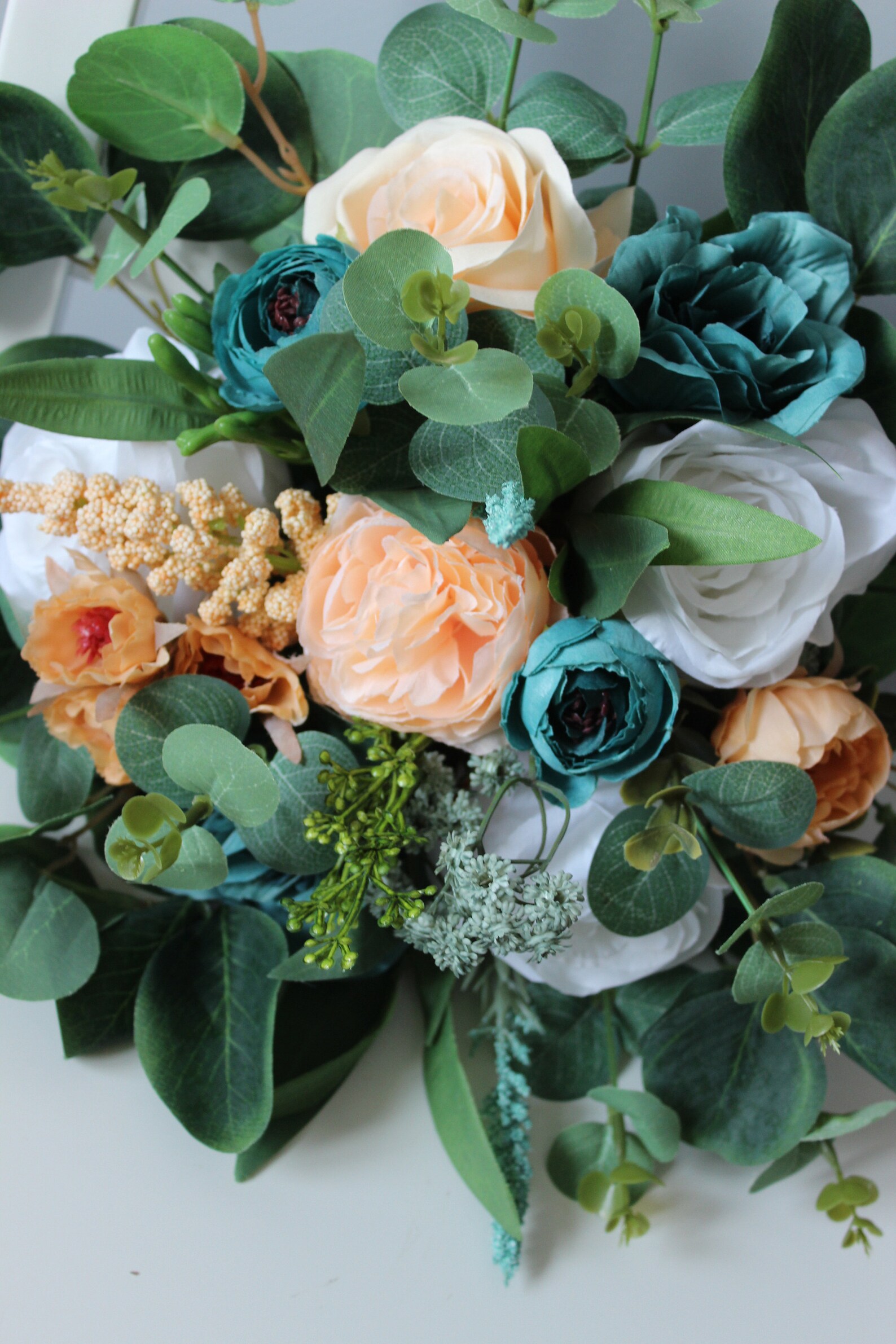 Deep Teal Peach White Boutonniere, Teal Wedding Buttonhole, Eucalyptus ...