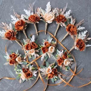 Rust terracota wedding flowers, Fall boutonniere, Rust corsage, Burnt orange wedding