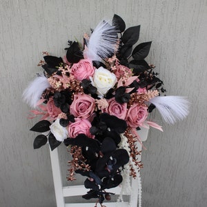 Rose gold black bouquet, Gothic wedding bouquet, Cascading wedding bouquet