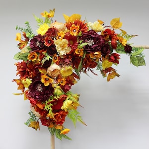 Burnt orange burgundy arch flowers, Fall wedding flower arch, Wedding arch swag