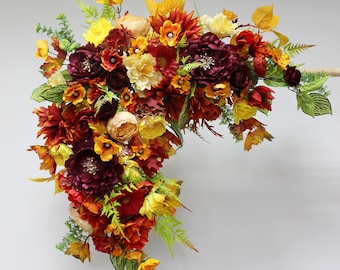 Burnt orange burgundy arch flowers, Fall wedding flower arch, Wedding arch swag