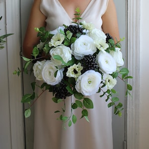 White black wedding bouquet, Boho bridal bouquet, Silk flower bouquet