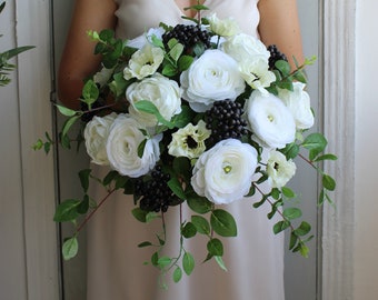 White black wedding bouquet, Boho bridal bouquet, Silk flower bouquet