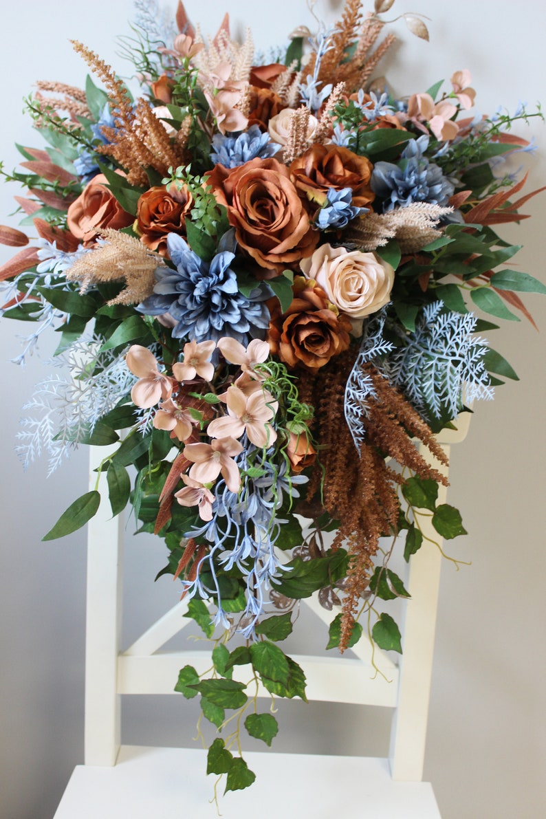 Rust Terracota Blush Dusty Blue Wedding Bouquet Cascading Etsy