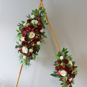 Deep green ivory burgundy arch flowers, Floral arch swag, Wedding arbor decor