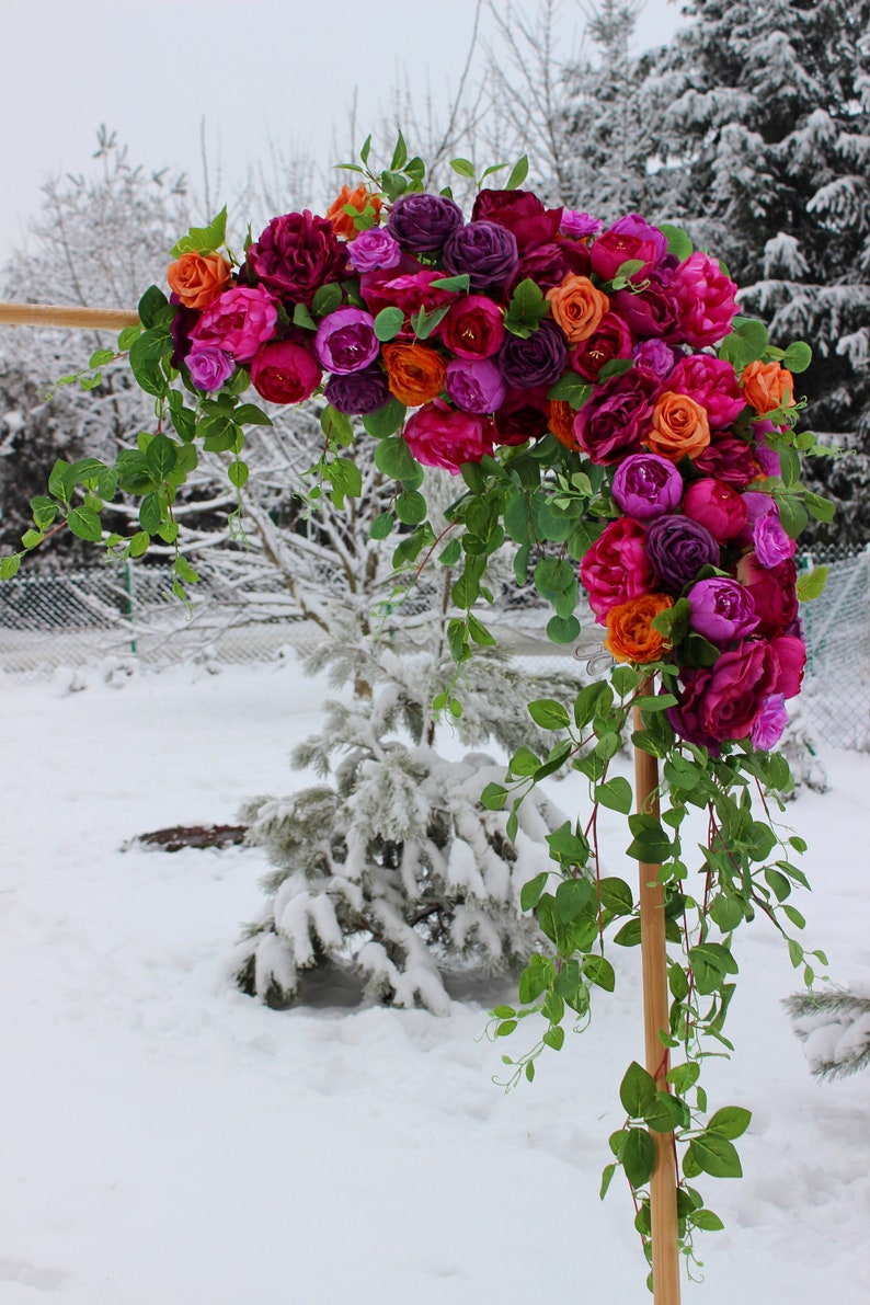 Purple orange bouquet, Fall wedding bouquet, Cascading bridal bouquet Corner swag 30"*30"