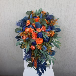 Burnt orange navy blue wedding bouquet, Fall wedding bouquet, Silk flower bouquet
