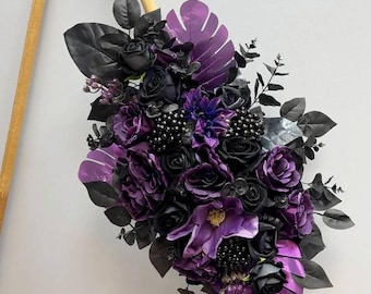 Purple black arch swag, Gothic wedding arch flowers, Halloween wedding decor