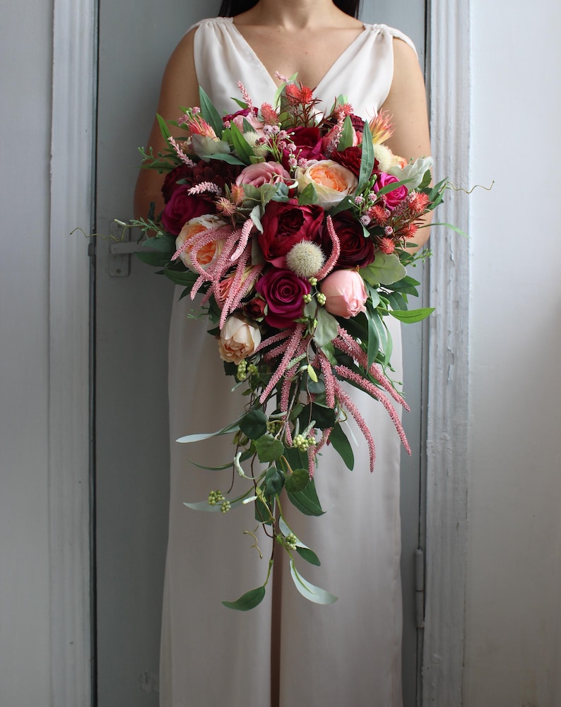 Hot Pink Peach Bouquet, Jewel Tone Bouquet, Cascading Bridal Bouquet ...