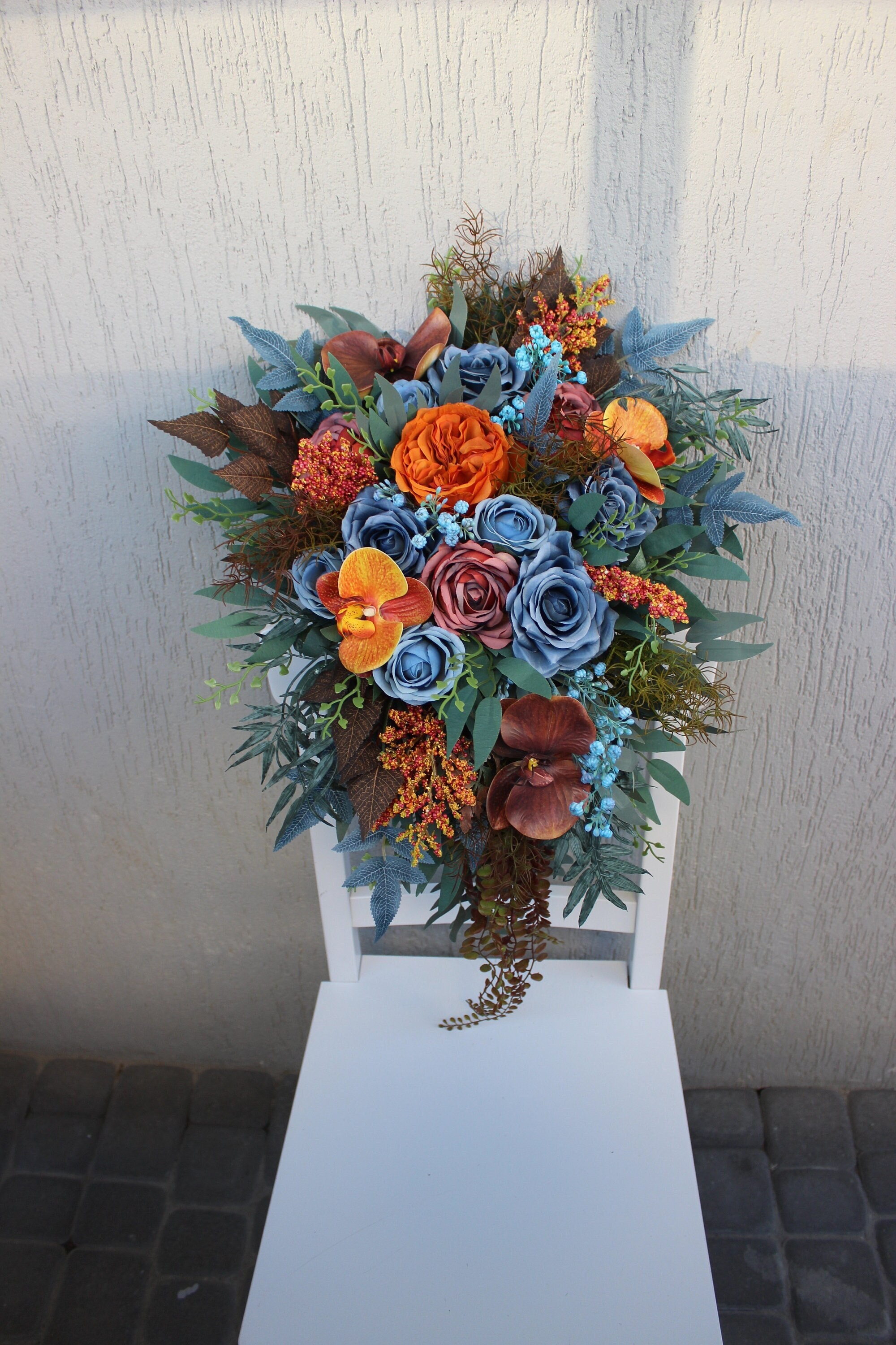 Dusty blue rust orange brown wedding bouquet, cascading bouquet, silk flower bouquet, fall wedding bouquet