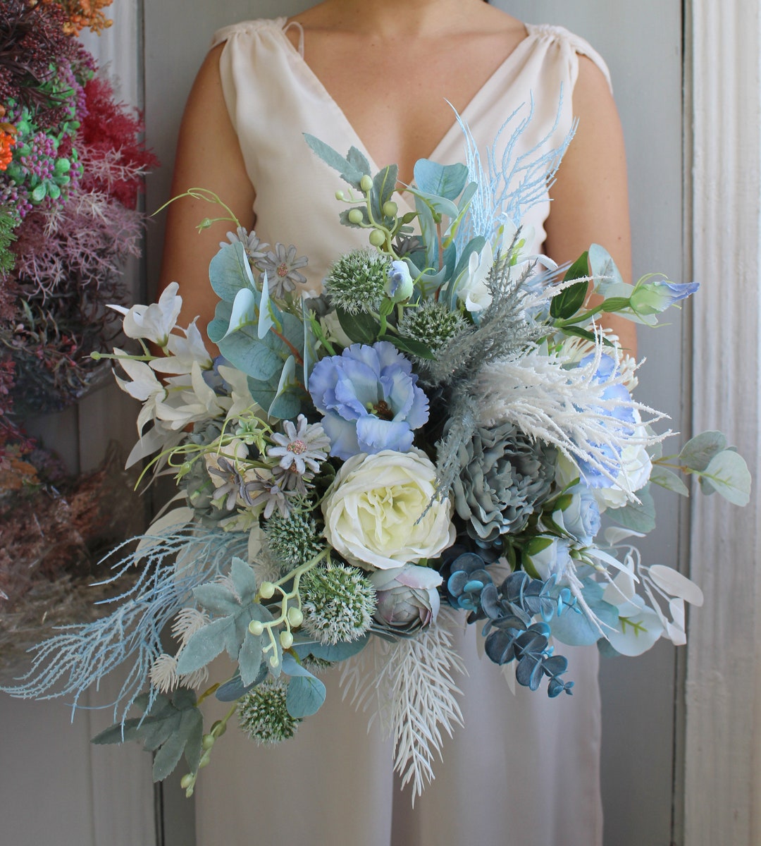 Winter wedding bouquet, dusty blue and sage green flowers, boho wedding bouquet, faux bridal bouquet