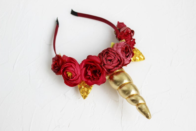 First birthday animal ears crown Burgundy gold unicorn headband for girls and adults Christmas unicorn horn for unicorn party