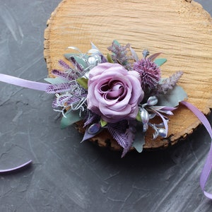 Sage mauve purple silver bouquet, Gothic wedding bouquet, Moody bouquet, Cascading bouquet Wrist corsage