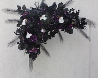 Black purple white arch swag, Gothic wedding arch flowers, Moody wedding decor
