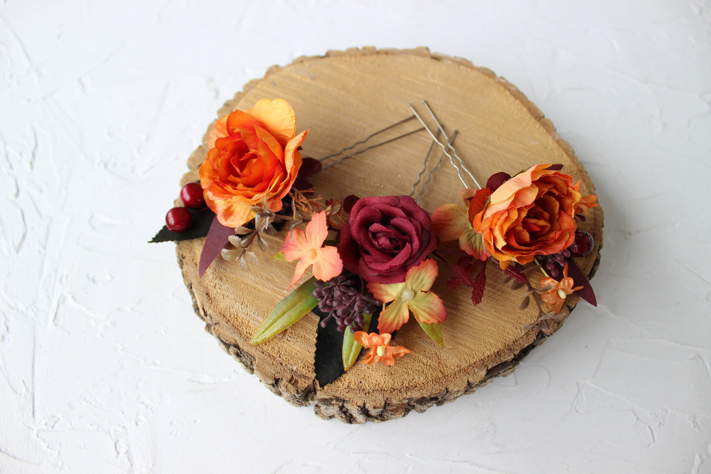Set of 3 Hair Pins, Burnt Orange Burgundy Floral Pins, Fall 