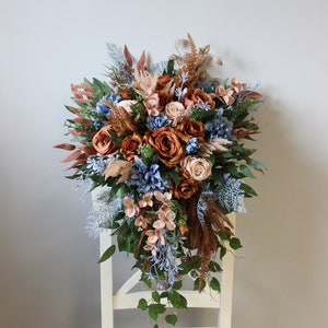 Rust terracota blush dusty blue wedding bouquet, Cascading bouquet, Fall wedding bouquet