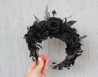 Total black hair crown Gothic wedding flower crown Gothic bride headpiece