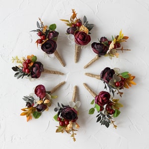 Burgundy wedding boutonniere, Floral groomsmen buttonhole, Groom boutonniere set