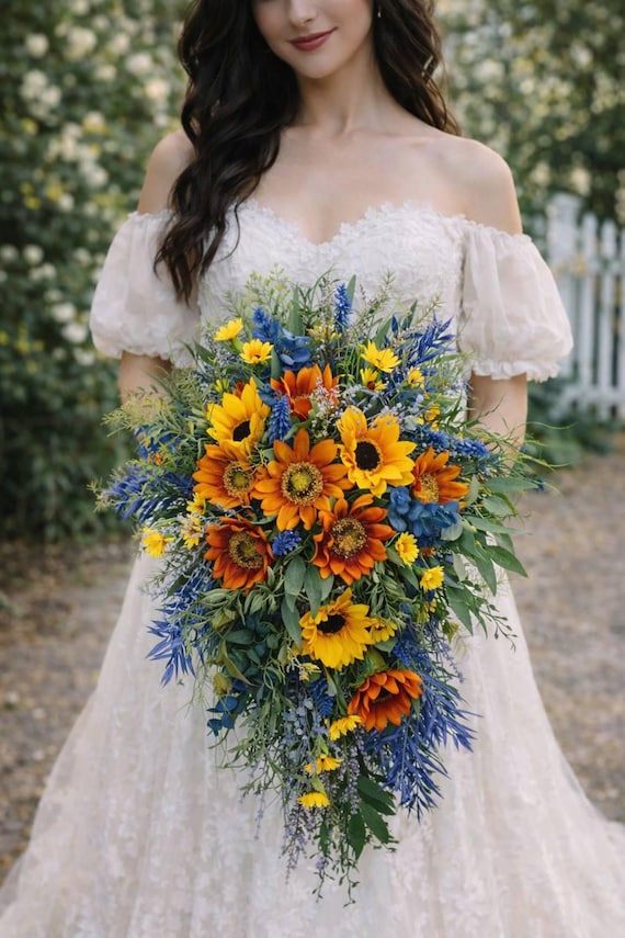 Sunflower navy bouquet, Rust yellow blue bouquet, Fall wedding bouquet, Rustic cottage wedding bouquet