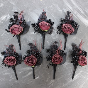 Burgundy black boutonniere, gothic boutonniere, wedding rose boutonniere, moody buttonhole, groom boutonniere