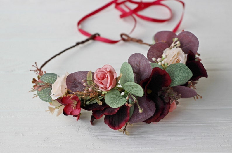 bridesmaids on their eucalyptus flower girls greenery or burgundy wedding. Eucalyptus burgundy dusty pink flower crown for brides