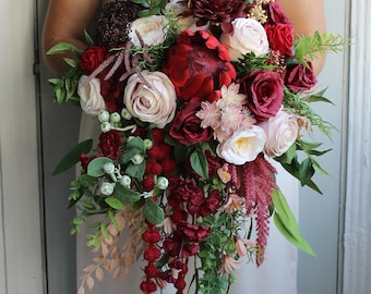 Green blush burgundy wedding bouquet, Cascading bouquet, Fall wedding bouquet