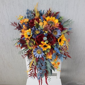 Ramo de girasol azul marino burdeos, ramo de novia rústico de girasol, ramo de boda de otoño