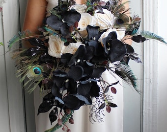 Black ivory peacock bouquet, Gothic wedding bouquet, Halloween wedding bouquet
