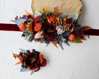 Ceinture de ceinture de mariage d’automne, ceinture de mariée de marine d’orange de Bourgogne, ceinture de fille de fleur