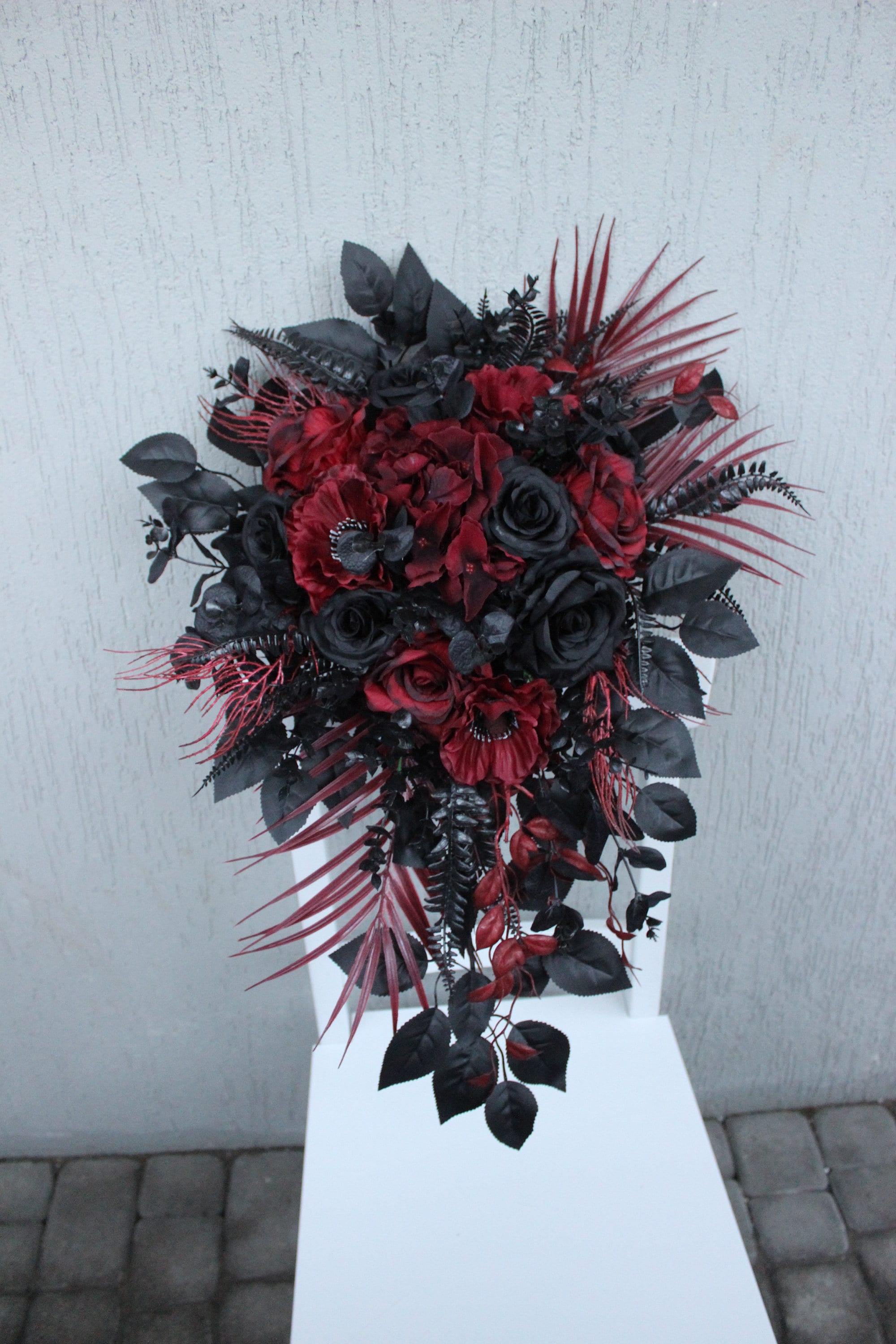 Burgundy black bouquet, gothic cascading  bouquet, moody bouquet, wedding decor, silk flower bouquet