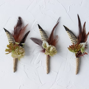 Rust wedding feather boutonniere for men, Succulent boutonniere, Fall wedding buttonhole