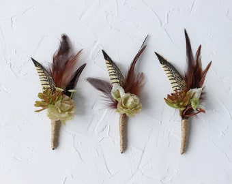 Rust wedding feather boutonniere for men, Succulent boutonniere, Fall wedding buttonhole
