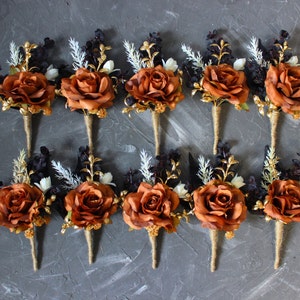 Rust terracota black gold wedding boutonniere, Gothic boutonniere, Fall buttonhole