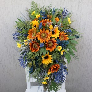 Ramo de girasol azul marino, ramo de color amarillo óxido azul, ramo de boda de otoño, ramo de boda rústico