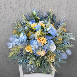 Hellblauer gelber Wildblumen-Hochzeitsstrauß, Boho-Brautstrauß, Seidenblumenstrauß