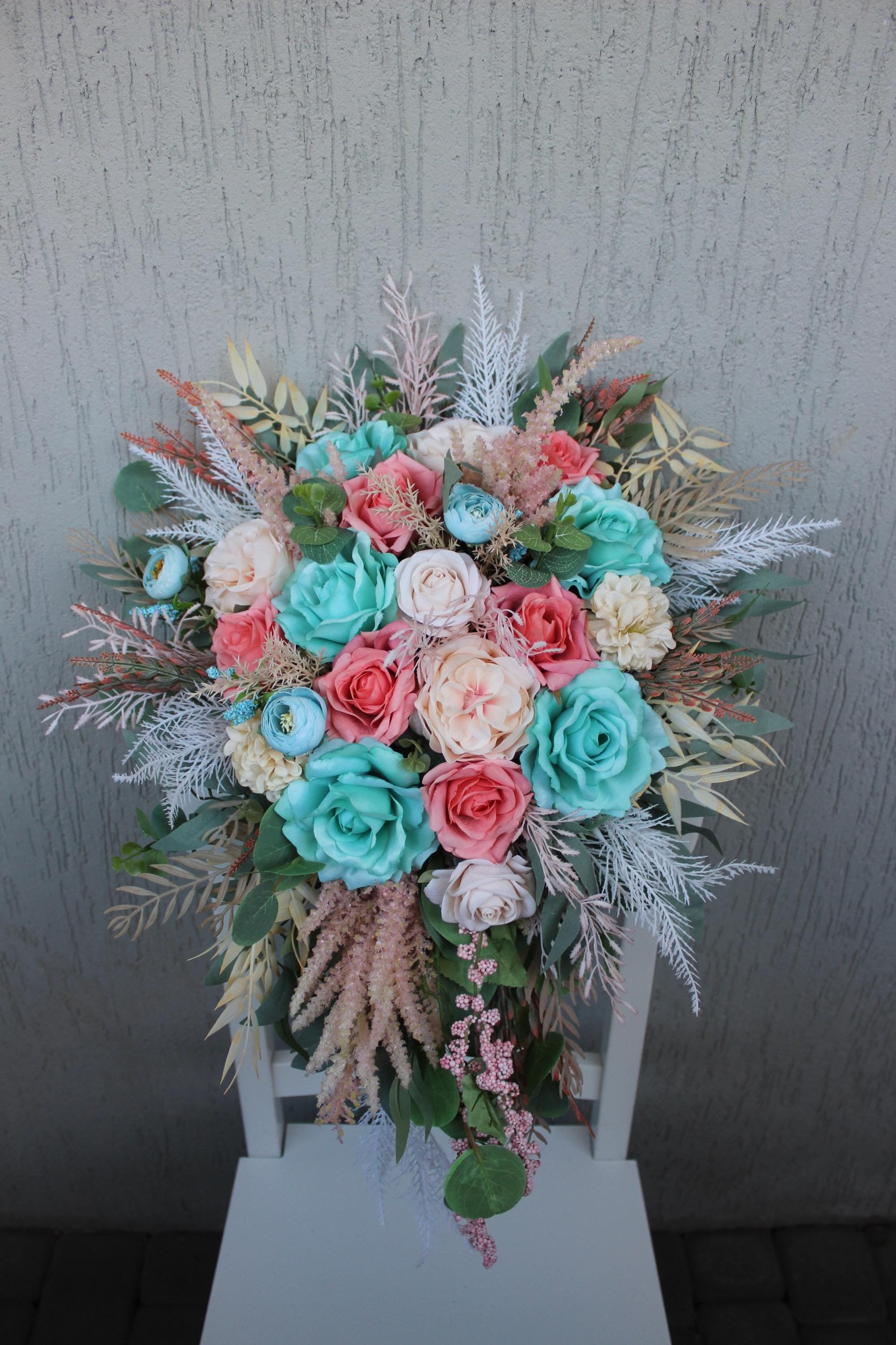 Teal Coral Wedding Bouquet, Cascading Bouquet, Colorful Wedding Bouquet,  Summer Spring Wedding Flowers - Etsy, image size:2000x3000