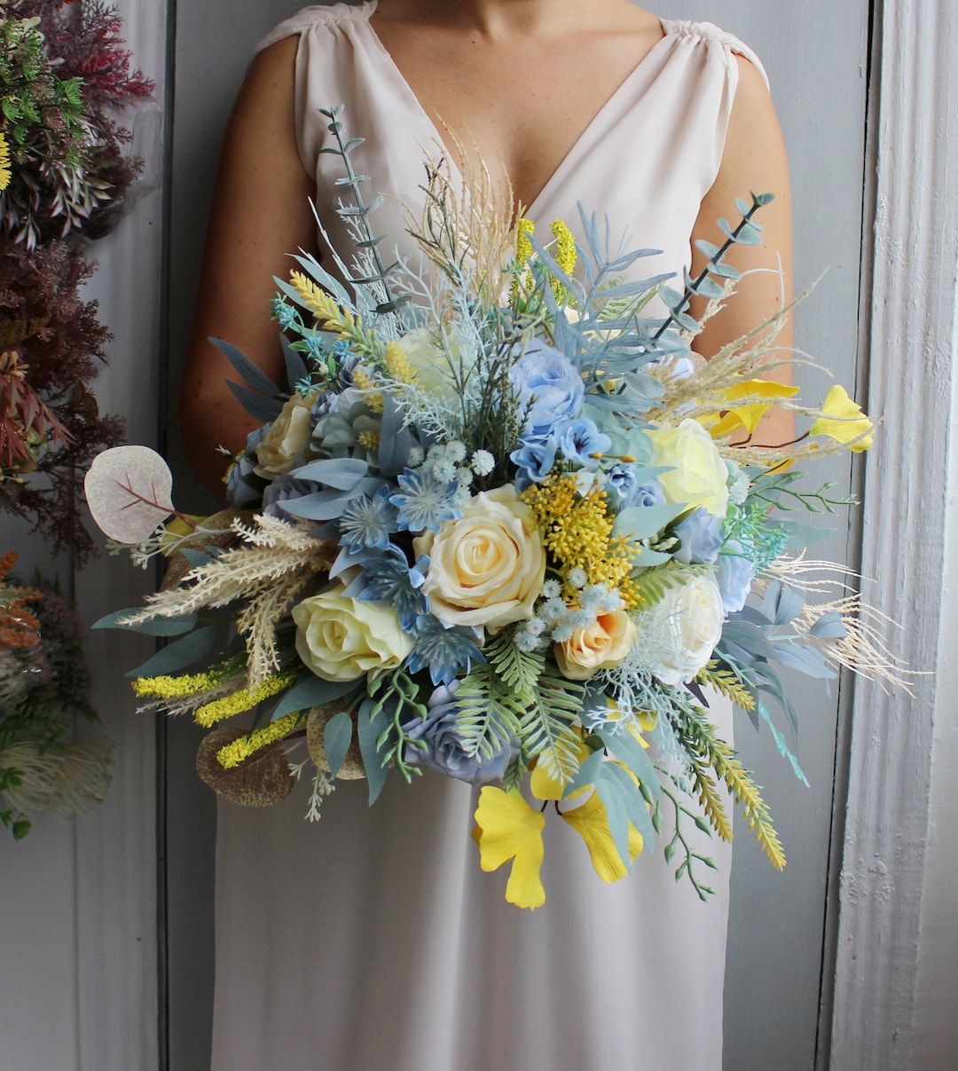 Boho Bridal Bouquet, Baby Blue Yellow Wedding Bouquet, Everlasting