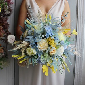 Boho bridal bouquet, Baby blue yellow wedding bouquet, Everlasting bouquet