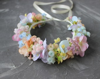 Pastel flower crown, Baby breath crown, Wedding flower crown, Boho bridal crown