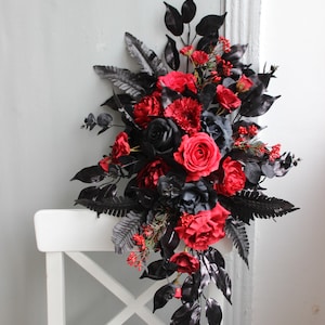 Red black arch swag, Gothic wedding arch flowers, Halloween wedding decor