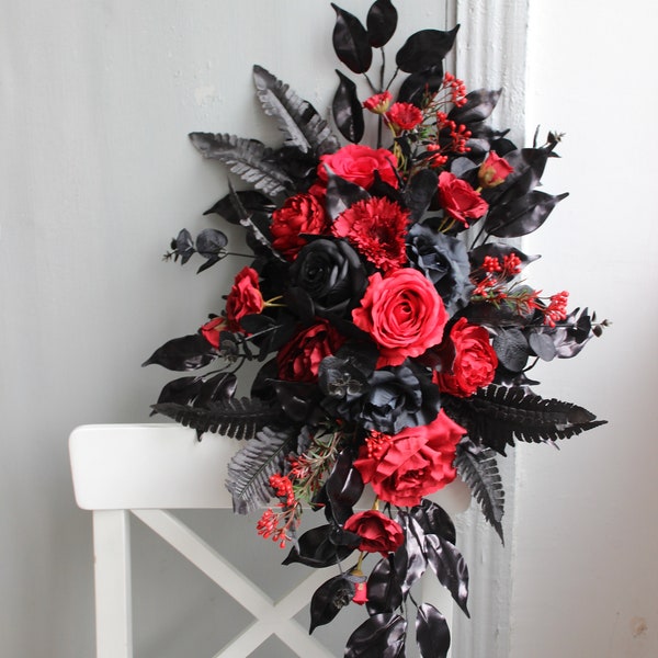 Red black arch swag, Gothic wedding arch flowers, Halloween wedding decor