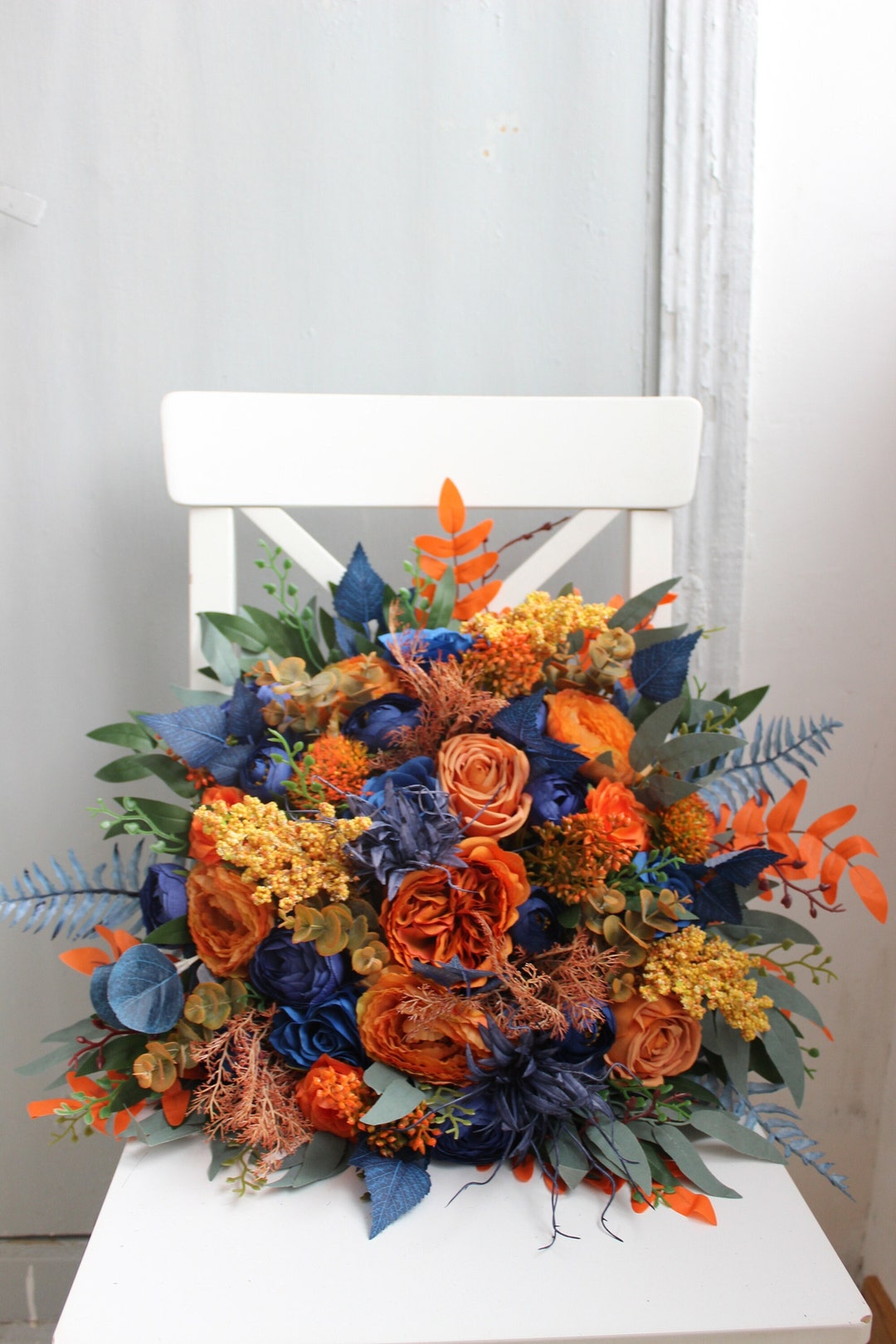バーントオレンジブルーのウェディングブーケ、ブライダルブーケ