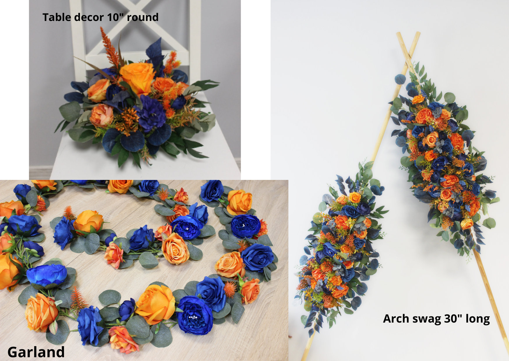 Bouquet Da Sposa Rotondo Fatto A Mano In Raso – Colori Blu Navy, Arancione E Avorio (Diametro 20 Cm, Altezza 28 Cm)