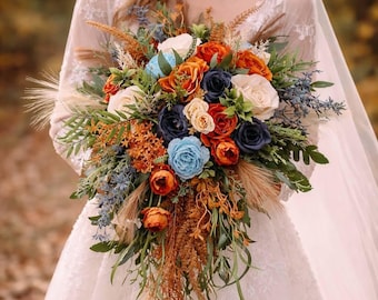 Artificial Cascading Fall Wedding Bouquet, Rust Navy Teal Flowers, Boho Bridal Arrangement