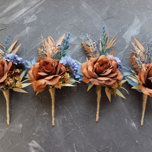 Rust blue wedding boutonniere, Dusty blue buttonhole, Rust fiancé boutonniere