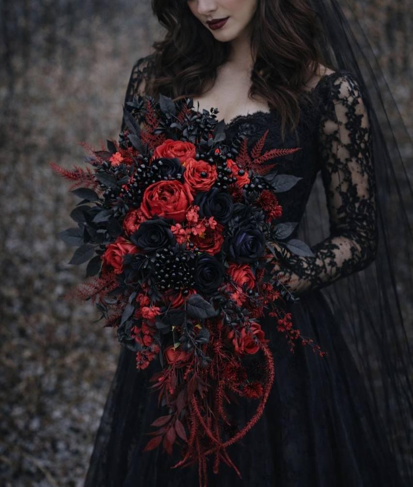 black bridesmaid dresses with red bouquet Renee Black Ivory Red Bundle – J & S Floral main image 0