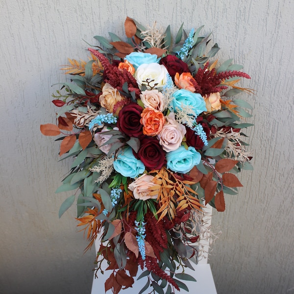 Rust teal burgundy wedding bouquet, cascading bouquet, fall wedding bouquet