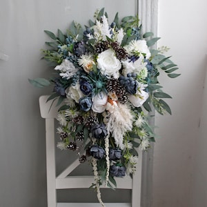 Dusty blue ivory bouquet, cascading flower bouquet, winter bridal bouquet, wedding bouquet with pines, silk flower bouquet