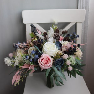 Winter wedding bouquet, Navy ivory pink wedding bouquet with pines, Silk flower bouquet image 2
