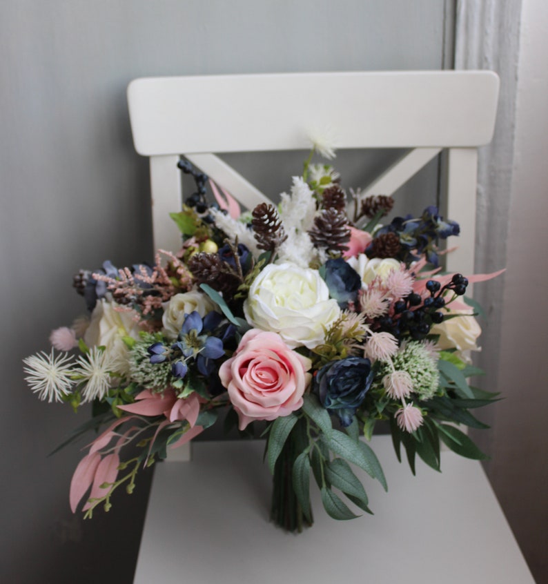 Winter wedding bouquet, Navy ivory pink wedding bouquet with pines, Silk flower bouquet image 2